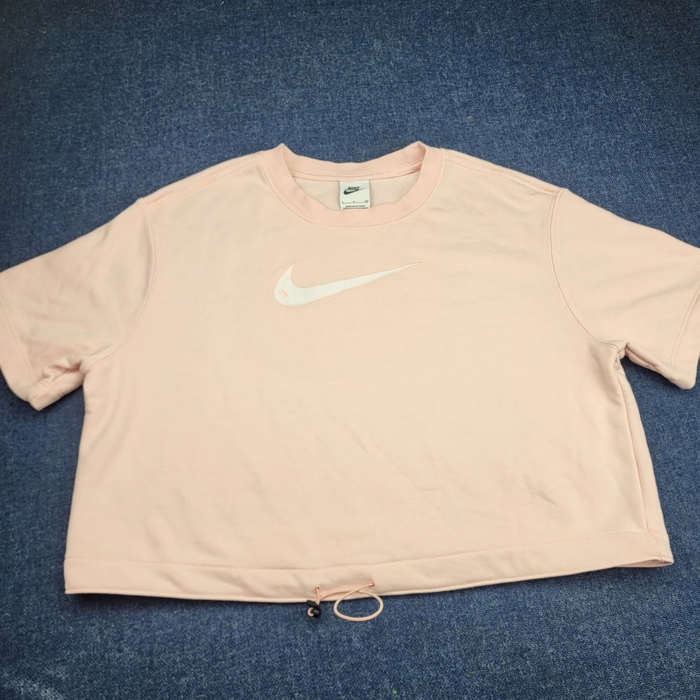 Nike Womens Short Sleeve Cropped Sweatshirt Peach Pink Embroidered Bungee Hem S